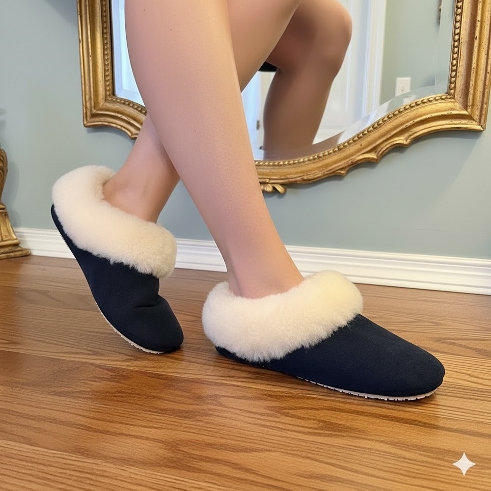 NWOB The Vermont Country Store Women's Sheepskin Ballet Slippers Navy Size 7
